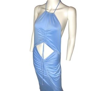 NWT Fashion Nova Blue Ruched Halter Maxi Dress L